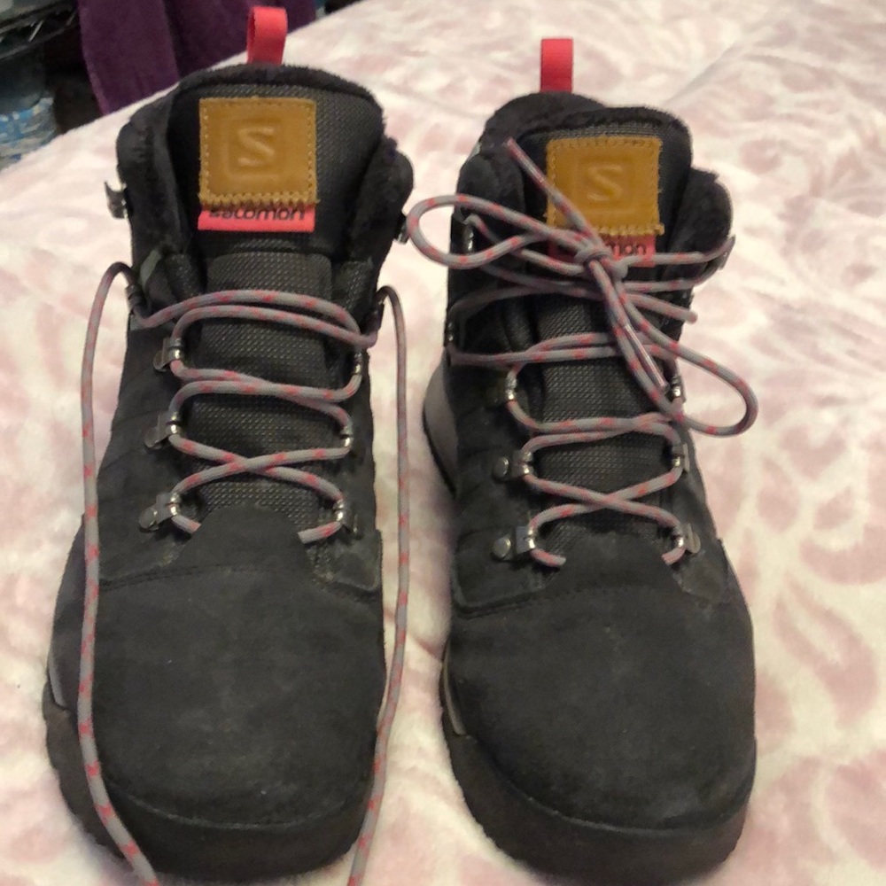 Salomon Black Suede Ankle Boots with Pink Accent
